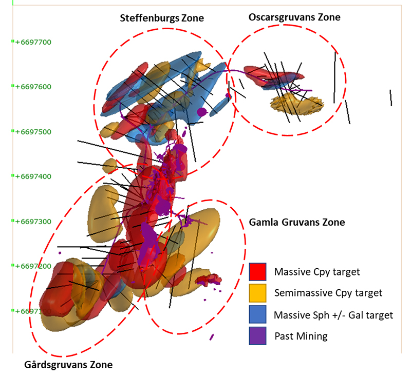 Fig 1 - Plan View of Mineralized Zones at Tomtebo Mine