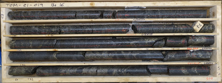 Figure 4: TOM21-019 Sulphide Mineralization from 69.0 to 73.8 m