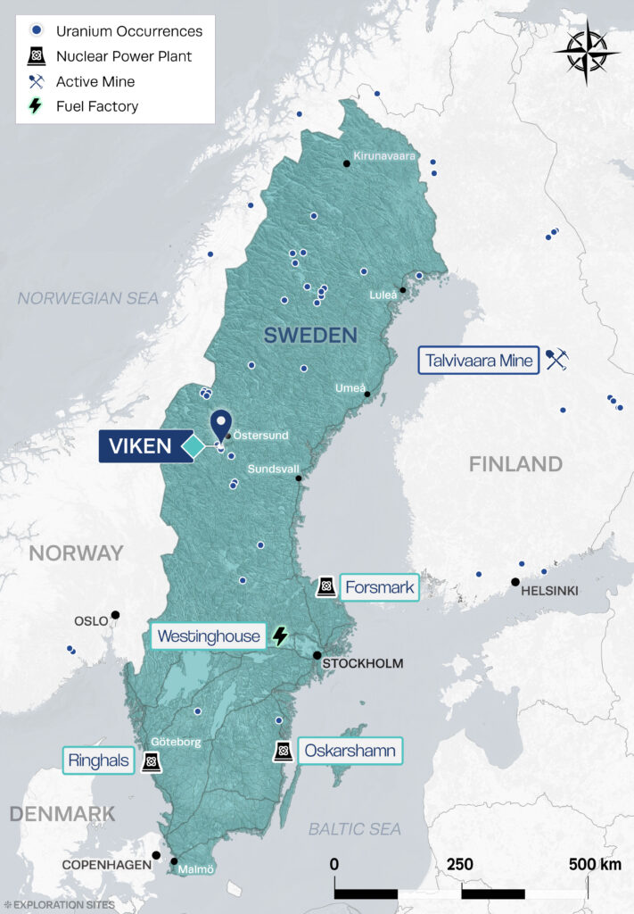 Map of sweden showing the Viken uranium and critical minerals project